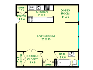 Floor plan of Eldorado unit, roughly 660 square feet. Featuring living room, dining room, kitchen, dressing closet, and bathroom.