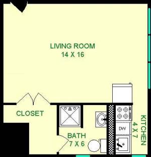 Gosling Studio Floorplan shows roughly 345 square feet, with a living room, kitchen, closet and bathroom.