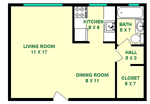 Whitman Studio Apartment, showing roughly 425 square feet With a Living Room, Dining Room, Kitchen, Bath and Walk in Closet separated by a hall.