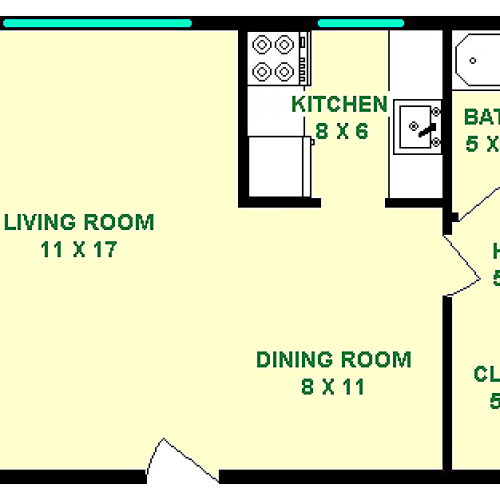 Emerson Floorplan showing roughly 425 Square Feet, A Living Room, Dining Room, and Kitchen are shown in this studio, as well as a hall leading to the bathroom and walk-in Closet