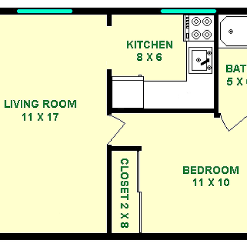 Frost One Bedroom Apartment, showing roughly 425 square feet With a Living Room, Bedroom, Kitchen, With captive Bathroom and Closet to the bedroom.