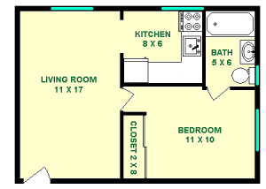 Dickinson One Bedroom Apartment, showing roughly 425 square feet With a Living Room, Bedroom, Kitchen, With captive Bathroom and Closet to the bedroom.
