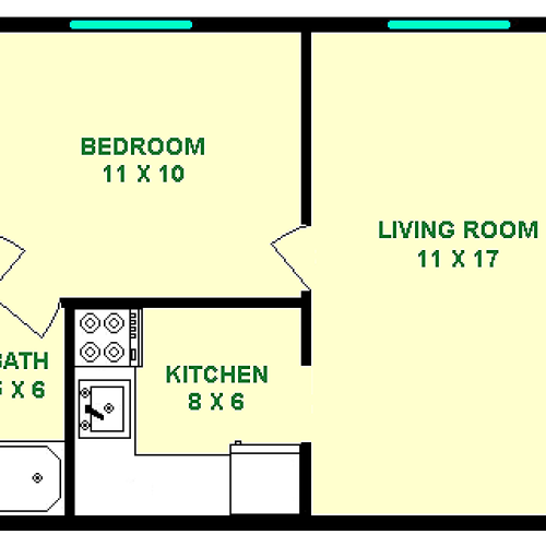 Angelou One Bedroom Apartment, showing roughly 425 square feet With a Living Room, Bedroom, Kitchen, With captive Bathroom and Closet to the bedroom.
