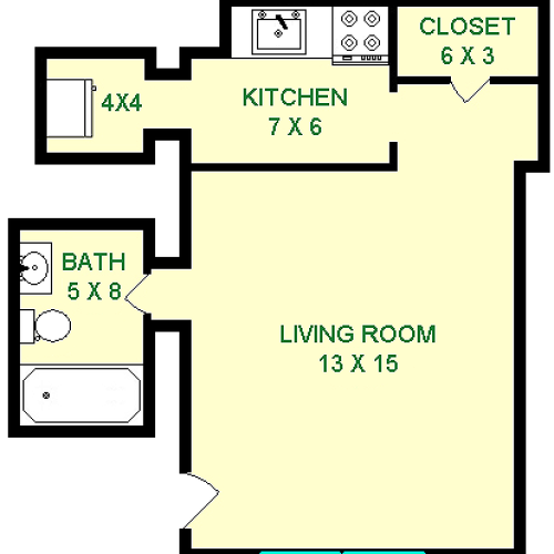 Galen Studio Floorpan shows roughly 330 Square Feet, two closets, a kitchen and bathroom.