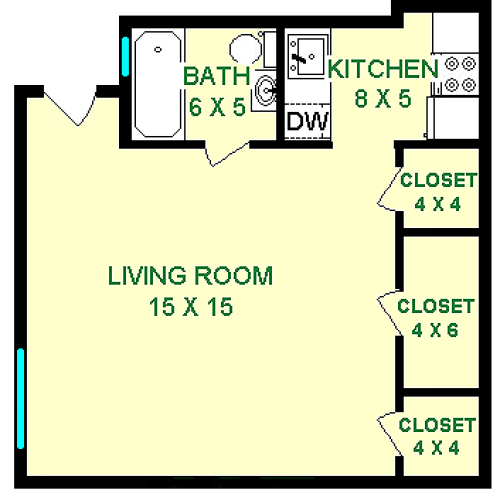 Drew Studio Floorpan shows roughly 355 Square Feet, three closets, a kitchen and bathroom.