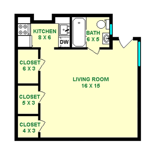 Harvey Studio Floorpan shows roughly 375 Square Feet, three closets, a kitchen and bathroom.