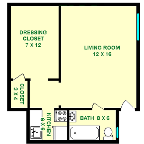 Nightingale studio floorplan with roughly 395 Square feet, shows a dressing closet, living room, normal closet, bathroom and kitchen.