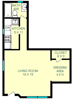 Semmelweis Studio Floorpan shows roughly 440 Square Feet, one closet a dressing area, a kitchen and bathroom.