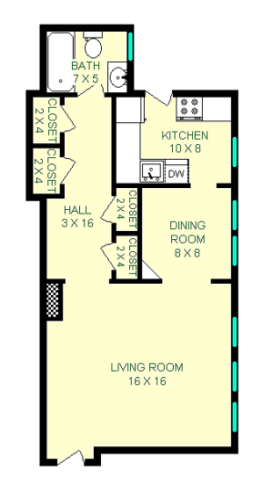 Koch Studio Floorpan shows roughly 560 Square Feet, three closets, a dining room, kitchen and bathroom.