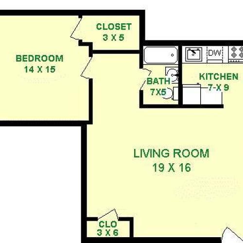 Hunter one bedroom floorplan with roughly 650 square feet, including a bedroom, living room, bathroom, kitchen and two closets.