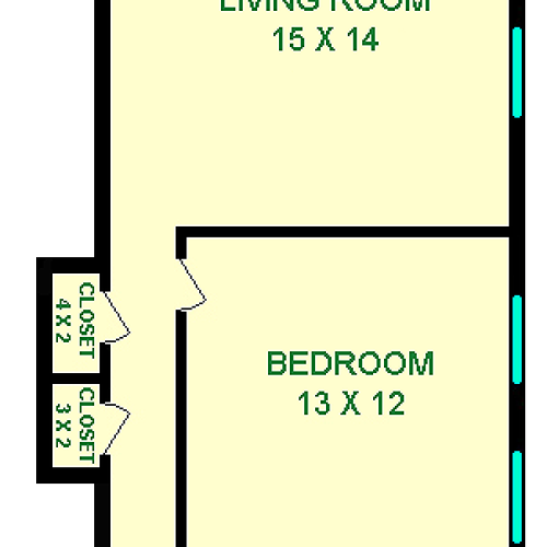 Jenner one bedroom floorplan with roughly 660 square feet, including a bedroom, living room, bathroom, kitchen and three closets.