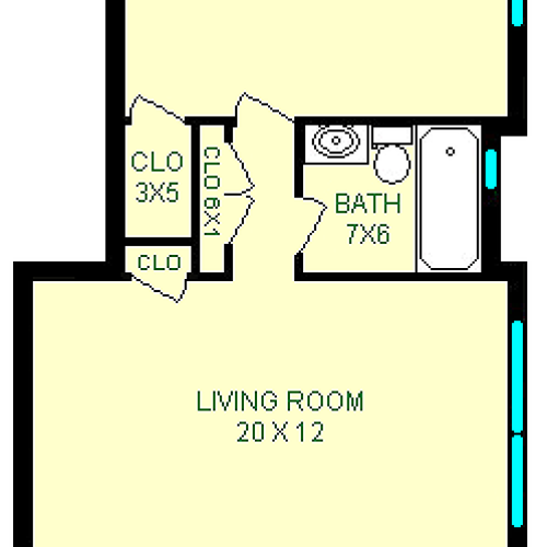 Salk One Bedroom Floorplan showing Living Room, Foyer, Bathroom, three closets, Bedroom Dining Room and a Kitchen