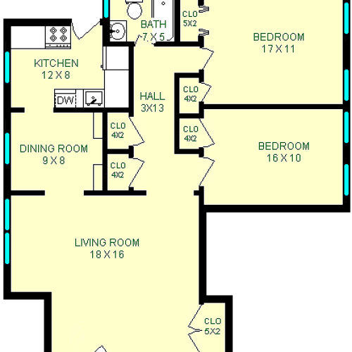 Barnard 2 bedroom floor plan shows roughly 935 square feet with two bedrooms connected by a hall with the bathroom on the end. The opposite end of the hall holds the living room, dining room and attached kitchen.