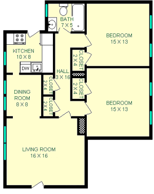 Roentgen 2 bedroom floor plan shows roughly 950 square feet with two bedrooms connected by a hall with the bathroom on the end. The opposite end of the hall holds the living room, dining room and attached kitchen.