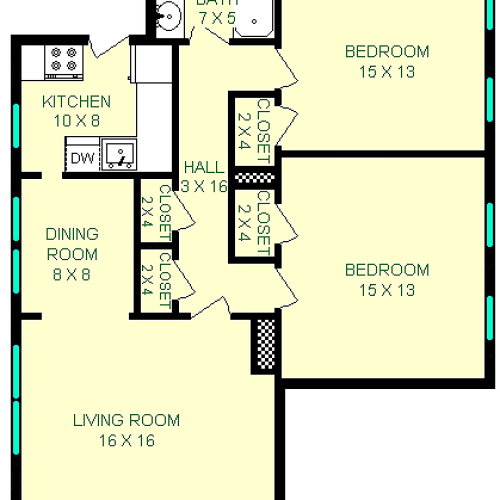 Roentgen 2 bedroom floor plan shows roughly 950 square feet with two bedrooms connected by a hall with the bathroom on the end. The opposite end of the hall holds the living room, dining room and attached kitchen.