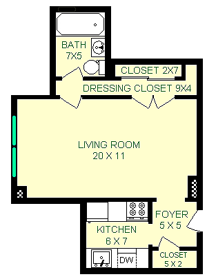 Verdi studio floorplan shows roughly 420 square feet, with a living room, kithcen, bathroom, and closets.