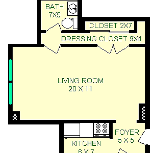 Verdi studio floorplan shows roughly 420 square feet, with a living room, kithcen, bathroom, and closets.