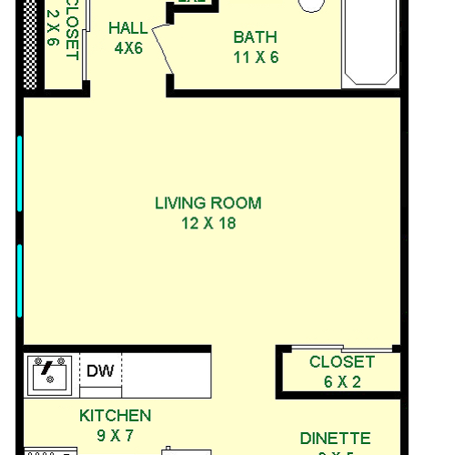Bizet studio floorplan shows roughly 440 square feet, with a living room, bathroom, closets, kitchen and dinette.