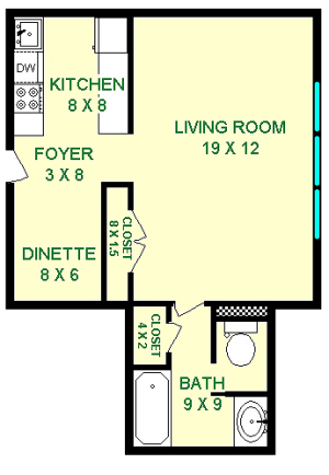 Brahms Studio Floorplan shows roughly 460 square feet, with a living room, bathroom, dinette and kitchen.