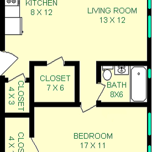 Gershwin one bedroom floorplan shows roughly 580 square feet with a kitchen, living room, bathroom, bedroom and closets.