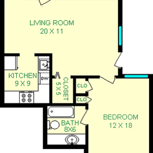 Shubert One Bedroom floorplan shows roughly 710 square feet, with a living room, bedroom, kitchen, bathroom and closets.