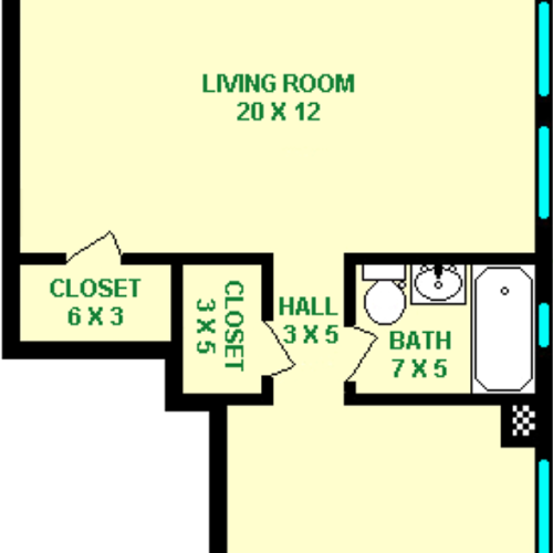 Chopin One Bedroom floorplan shows roughly 720 square feet, with a bedroom, bathroom, living room, dining room and kitchen.