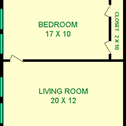 Grieg One Bedroom floorplan shows roughly 720 square feet with a bedroom, captive bathroom, living room, dining room, kitchen and closets.