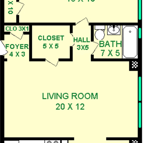 Strauss One Bedroom Floorplan shows roughly 720 square feet, with a bedroom, bathroom, living room, dining room, kitchen, hall and closets.