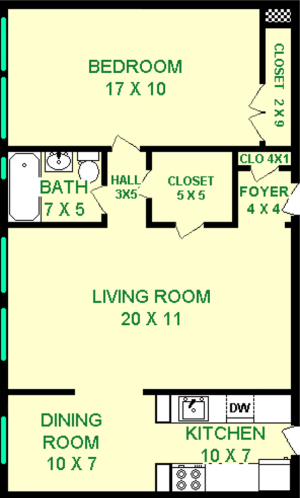 Vivaldi One Bedroom floorplan shows roughly 720 square feet, with a bedroom, bathroom, living room, dining room, kitchen, hall and closets.