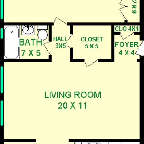 Vivaldi One Bedroom floorplan shows roughly 720 square feet, with a bedroom, bathroom, living room, dining room, kitchen, hall and closets.