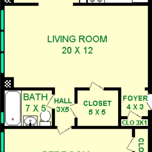 Faure one bedroom floorplan shows roughly 720 square feet, with a living room, bathroom, bedroom, bathroom, dining room, kitchen and closets. Unit is fully furnished.