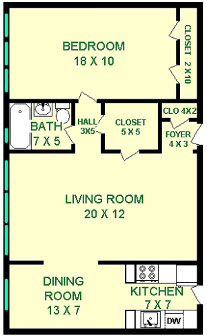 Mahler one bedroom floorplan is fully furnished, showing roughly 720 square feet, with a bedroom, bathroom, living room, dining room, kitchen and closets.