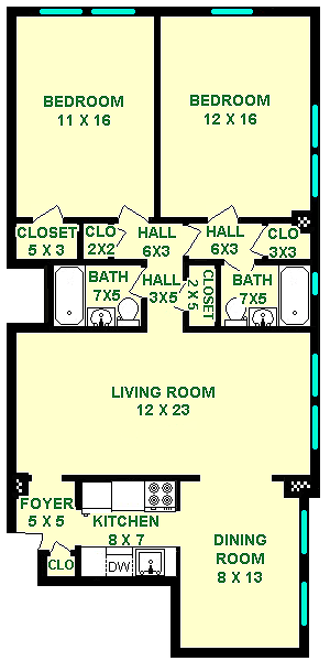 Beethoven two bedroom floorplan shows roughly 1138 square fee with two bedrooms, two bathrooms, a dining room, living room, kitchen and closets.