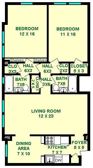 Puccini Floorplan shows roughly 1058 square feet, with two bedrooms, two bathrooms, a living room, dining room, kitchen, and closets.