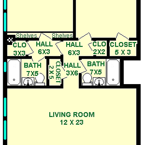 Puccini Floorplan shows roughly 1058 square feet, with two bedrooms, two bathrooms, a living room, dining room, kitchen, and closets.