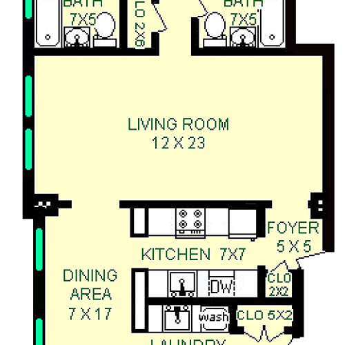 Sibelius three bedroom floorplan shows roughly 1558 square feet, with three beds, three baths, a dining area, kitchen, laundry area, living room, and closets.