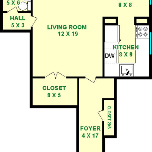Calendula Studio Floorplan shows roughly 525 square feet with a living room, bathroom, dining area, kitchen, foyer and closets.