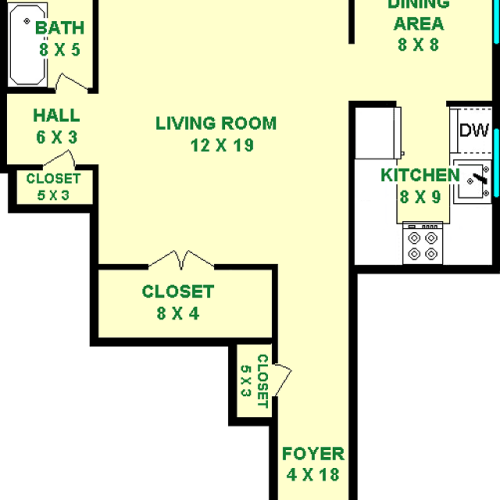 Chamomile Studio Floorplan shows roughly 545 square feet, with a foyer, living room, bathroom, dining area and a kitchen. Closets are shown as well.