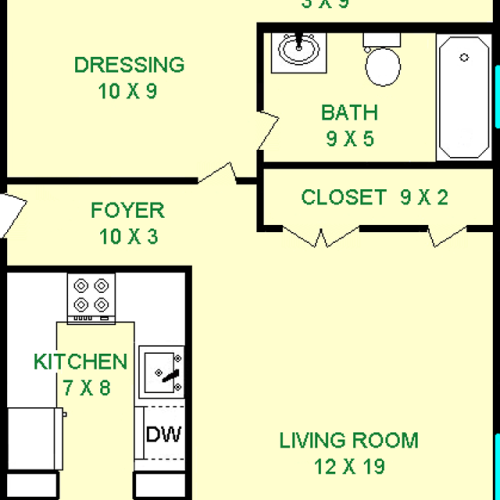 Chicory Studio Floorplan shows roughly 570 square feet, with a foyer, dressing room, living room, dining room, bathroom, kitchen and closets.