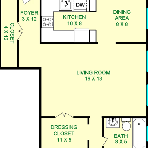 Woodruff Studio Floorplan shows roughly 580 square feet, with a living room, dining area, kitchen, dressing closet and bathroom.