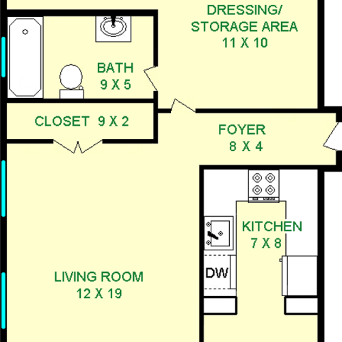 Parsley studio floorplan shows roughly 585 square feet, with a living room, bathroom, dining room, kitchen and dressing area.