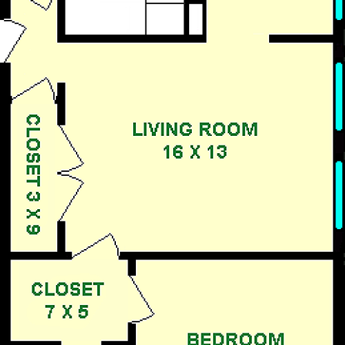 Bay one bedroom floorplan shows roughly 605 square feet, with a living room, bedroom, bathroom, closets, dinette and kitchen