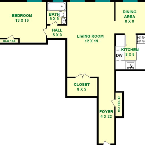 Catnip one bedroom floorplan shows roughly 655 square feet with a foyer, dining area, kitchen, bedroom, bathroom, living room and closets.