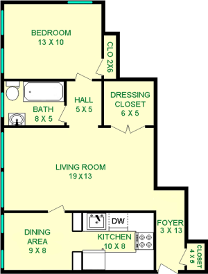 Stevia One Bedroom floorplan shows roughly 690 square feet, with a bedroom, bathroom, living room, dressing closet, dining area, foyer, and multiple other closets.