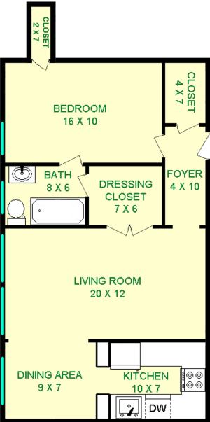 Cilantro One Bedroom floorplan shows roughly 700 square feet, with a bedroom, bathroom, living room, dining area, kitchen, dressing closet and other closets.