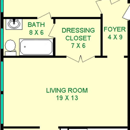 Rosemary floorplan shows roughly 700 square feet with a bedroom, bathroom, living room connected with a dressing closet, diing area and a kitchen