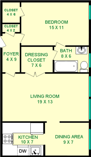 Savory One Bedroom floorplan shows roughly 700 square feet, with a bedroom, living room and bathroom connected with a dressing closet, dining area and kitchen.