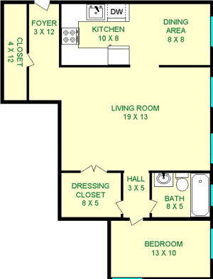 Borage One Bedroom floorplan shows roughly 710 square feet, with a bedroom, living room, bathroom, dressing closet, dining area and kitchen.