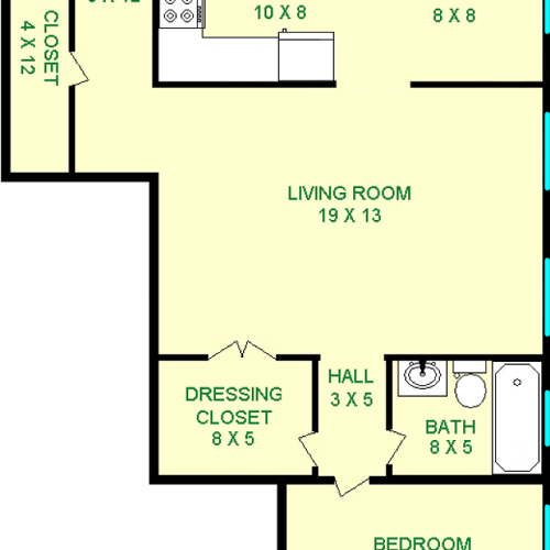 Borage One Bedroom floorplan shows roughly 710 square feet, with a bedroom, living room, bathroom, dressing closet, dining area and kitchen.