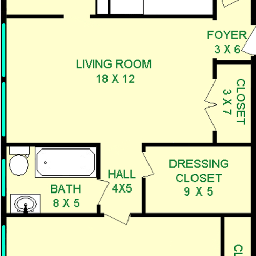Absinthe One Bedroom floorplan shows roughly 715 square feet with a bedroom, bathroom, living room, dining area, kitchen and closets.